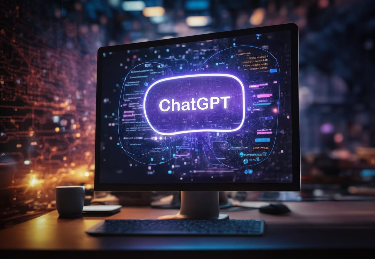Monitor komputerowy z wyświetlonym logo ChatGPT 5 w futurystycznym otoczeniu
