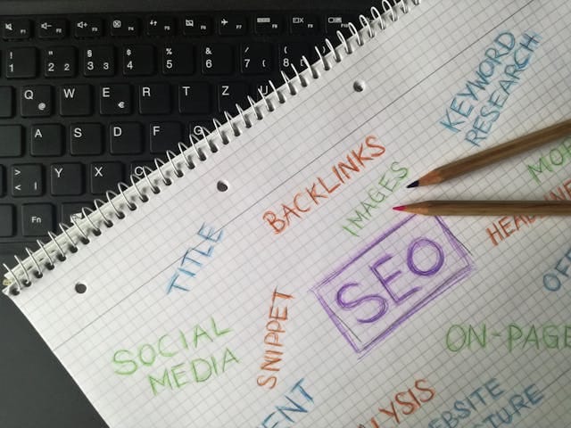 Zdjęcie z góry przedstawia otwarty zeszyt w kratkę, na którym narysowana jest mapa myśli z hasłami dotyczącymi SEO, takimi jak „backlinks” czy „keyword research”. To doskonała ilustracja tego, jak złożony jest proces tworzenia treści, aby odpowiedzieć na zapytanie ile kosztuje napisanie tekstu seo.