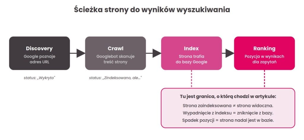 Przejrzysty schemat blokowy przedstawiający pełną ścieżkę dokumentu w wyszukiwarce Google, obejmujący kolejno etapy: Discovery, Crawl, Index oraz Ranking. Grafika wizualnie rozdziela moment dodania strony do bazy danych od jej faktycznej pozycji w wynikach wyszukiwania, co w artykułach eksperckich Contentologia pomaga precyzyjnie wyjaśnić, dlaczego strona nie jest indeksowana i jak odróżnić usunięcie z bazy od zwykłego spadku pozycji.